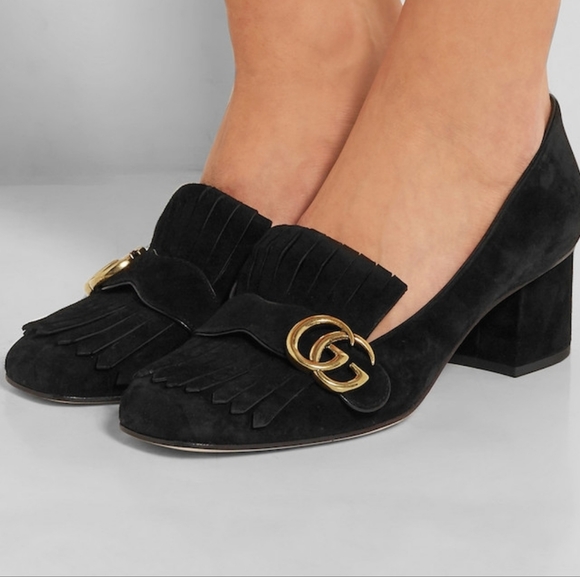 Gucci Marmont Black Suede Fringe GG Block Heel Loafers Size EU 37.5 - Picture 12 of 13